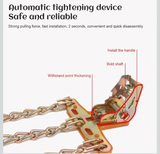 Equipped with an automatic tightening system, these snow chains lock firmly in place within seconds. The reinforced buckle and thickened stress points ensure high pulling force, fast installation, and easy removal without tools.

Feature Points:
	•	Automatic tightening for secure fit
	•	Strong pulling force for no chain loosening
	•	Installs in under 2 seconds
	•	Quick disassembly after use
	•	Durable locking mechanism for long life