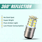 Car light bulb with features listed on a light blue background