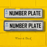 Two number plates labeled 'Front & Back' on a yellow background