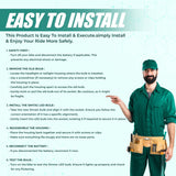 Person in green uniform with tool belt pointing to text on installing Simtac LED bulbs.