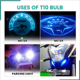 Uses of T10 bulb shown on a dashboard and headlights.