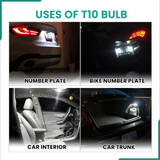 Uses of T10 bulb with images of number plate, bike number plate, car interior, and car trunk.